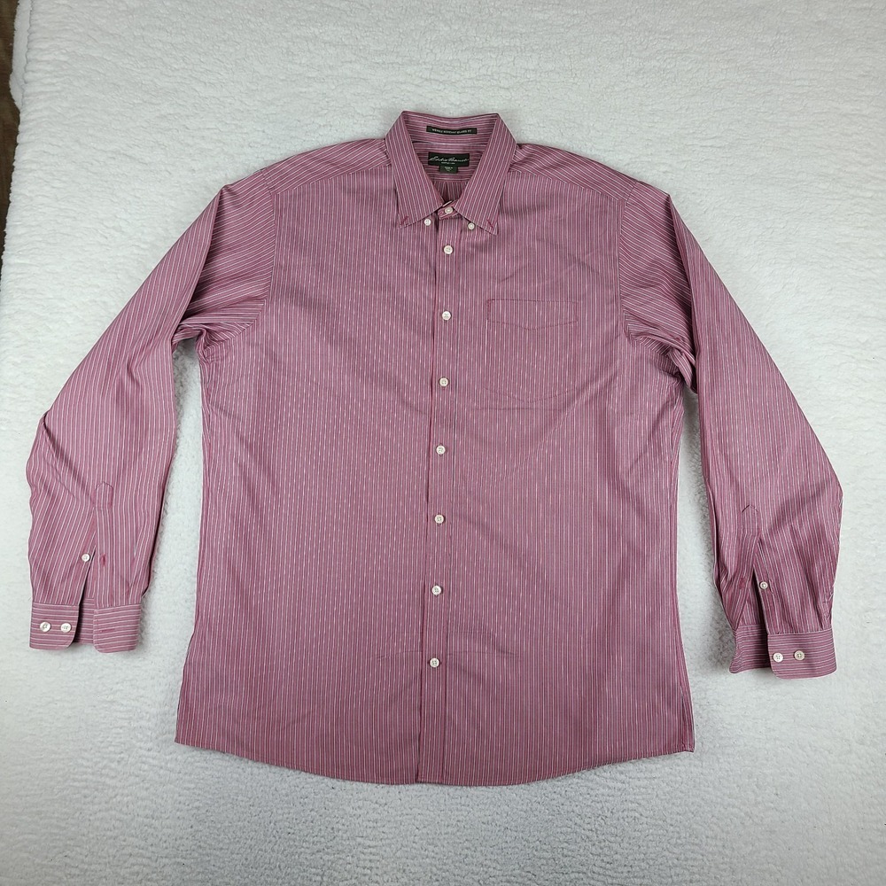 Eddie Bauer Shirt Mens TXL XL Tall Red Striped Wrinkle Resistant Dress Button Up